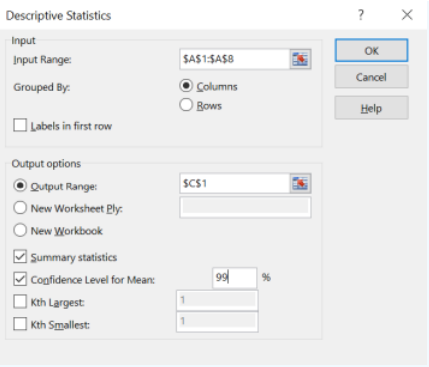 Excel Descriptive Statistics dialog with Input Range $A$1:$A$8, Grouped By set to Columns, Output Range $C$1, Summary statistics checked, and Confidence Level for Mean checked and set to 99%.