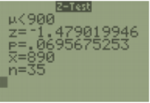 TI-84 Z-Test results screen: μ < 900, z = −1.479019946, p = .0695675253, x̄ = 890, n = 35.