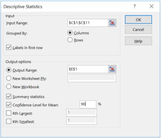 Excel Descriptive Statistics dialog box with Input Range $C$1:$C$11, Grouped By Columns, Labels in first row checked, Output Range $E$1, Summary statistics checked, and Confidence Level for Mean set to 90%.