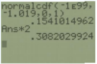 TI-84 home screen computing normalcdf(−1E99,−1.019,0,1) = .1541014962, then Ans*2 = .3082029924.