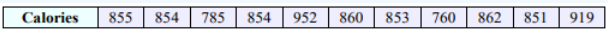 Data table with one row labeled Calories containing eleven values: 855, 854, 785, 854, 952, 860, 853, 760, 862, 851, 919.