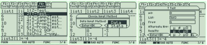 TI-89 screens for a paired t-test: the Tests menu highlights 2:T-Test, a Choose Input Method dialog offers Data or Stats, and the T Test dialog shows μ0: 0, List: list3, Freq: 1 with the alternate hypothesis choices μ ≠ μ0, μ < μ0, and μ > μ0 listed.