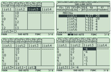 TI-89 list editor screens for paired data: list1 and list2 hold the two samples, the VAR-LINK [All] menu shows the stored lists, and list3 is defined as list1 - list2, filling with the differences -4, -4, 1, -3, -3, -1.