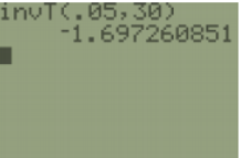 TI-84 home screen showing the critical value computation invT(0.05,30) returning -1.697260851.