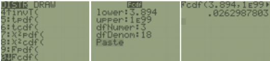 TI-84 screens computing an F-distribution tail area: the DISTR menu highlights Fcdf, the input screen shows lower: 3.894, upper: 1E99, dfNumer: 3, dfDenom: 18 with Paste, and the home screen shows Fcdf(3.894,1E99,3,18) returning 0.0262987803.