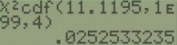 TI-84 calculator screen showing the command χ²cdf(11.1195,1E99,4) returning .0252533235.