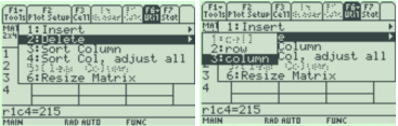 Two TI-89 Data/Matrix Editor screens of the Util menu, with options including 1:Insert, 2:Delete, Sort Column, and 6:Resize Matrix; the Delete submenu offers choices including row and column.