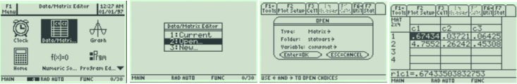 Four TI-89 screens opening the stored comp matrix: the Apps screen with Data/Matrix Editor selected, the 2:Open option, the Open dialog with Folder statvars and Variable compmat, and the matrix of (O−E)²/E values with row 1 starting .67434, .03721, .06425 and row 2 starting 4.7552, .26242, .45308.
