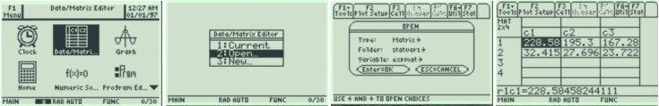 Four TI-89 screens opening the stored expected matrix: the Apps screen with Data/Matrix Editor selected, the 2:Open option, the Open dialog with Type Matrix, Folder statvars, and Variable expmat, and the matrix of expected values with row 1 starting 228.58, 195.3, 167.28 and row 2 starting 32.415, 27.696, 23.722.
