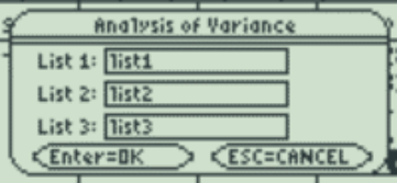 Selecting ANOVA with 3 lists in a TI-89 calculator.