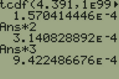 Using a calculator to find the area under both tails, and multiplying by m=3 to find the p-value.