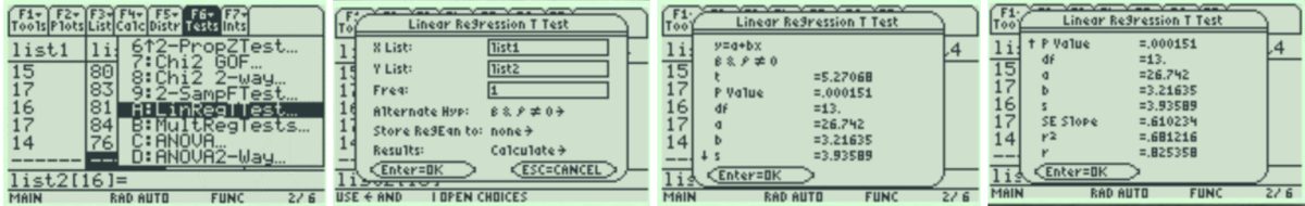 Selecting the LinRegTTests option from the F6 Tests menu. The default settings for the test, and the final results.