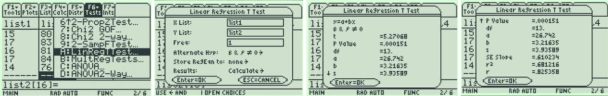 Selecting and setting up the LinRegTTest on the TI-89 calculator, and scrolling through the output to view the values of r and r^2.