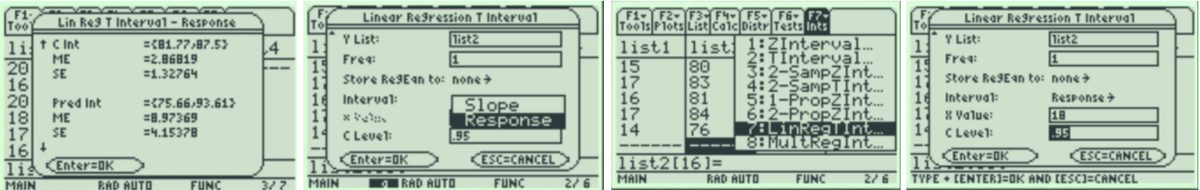 Entering confidence levels in the Response interval type in the TI-89 Linear Regression T Test setup.