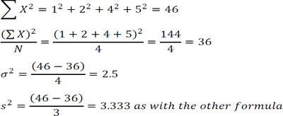 Worked computation of the variance of the four scores 1, 2, 4, 5 using the computational formulas, shown in four lines: the sum of squares equals 1 squared plus 2 squared plus 4 squared plus 5 squared, which is 46; the squared sum over N equals (1 + 2 + 4 + 5) squared over 4, which is 144 over 4, which is 36; sigma squared equals (46 - 36) over 4, which is 2.5; and s squared equals (46 - 36) over 3, which is 3.333 — as with the other formula.