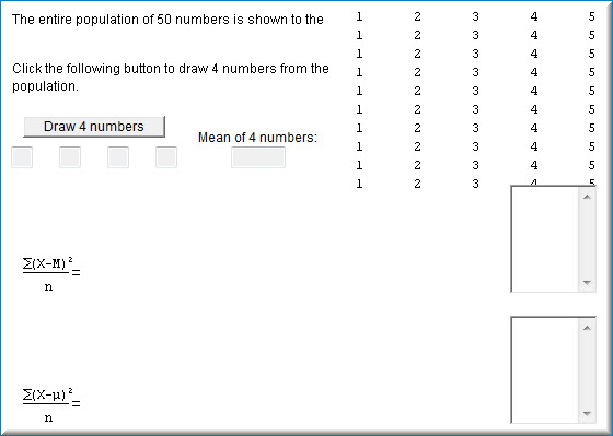 Screenshot of the variance-estimation simulation before any sample is drawn. The population of 50 numbers — ten each of 1, 2, 3, 4, and 5 — is listed on the right; a Draw 4 numbers button sits on the left above four empty score boxes and an empty Mean of 4 numbers box. Two formulas wait for values: the sum of (X - M) squared over n, and the sum of (X - mu) squared over n.