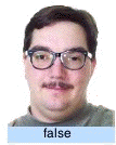 Photograph of the stimulus person in the Smiles and Leniency study, captioned "false": a man in glasses with a mustache giving a slight, closed-mouth smile whose eyes stay unchanged — the false-smile condition.