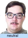 Photograph of the same stimulus person captioned "neutral": a level, unsmiling expression — the neutral control condition.