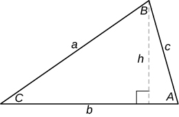 A triangle with a dotted line (labeled h) running from the base to the top corner (angle B), creating a 90 degree angle. The legs of the triangle are labeled a, b, and c. The angles of the triangle are labeled B, C, and A.