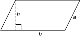 A parallelogram with its base labeled b and its width labeled a. A dotted line (labeled h) runs from the base to the top left corner of the parallelogram, creating a 90 degree angle.