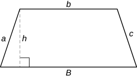 A trapezoid with labels a, b, c, and B (for the base). A dotted line (labeled h) runs from the base to the top left corner, creating a 90 degree angle.