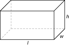 A 3D rectangular solid with its length, width, and height labeled l, w, and h, respectively.