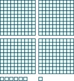 An image consisting of two items. The first item is four squares of 100 blocks each, 10 blocks wide and 10 blocks tall. The second item is 7 individual blocks.