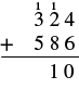 A mathematical column addition problem features the number 586. Above the digits, the fractions 1/3 and 1/2 appear alongside the digit 4, placed as if they are carry-over numbers. Below the line, the partial sum '10' is shown.