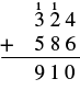 A column addition problem showing 324 plus 586 equals 910, with the fractions 1/3 and 1/2 written above the hundreds and tens digits of the first operand.