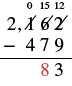 A vertical subtraction problem where 2162 is being subtracted by 479. The image shows the steps of borrowing, where the '2' in the ones place becomes '12' and the '6' in the tens place becomes '15', and the '1' in the hundreds place becomes '0'. This results in '3' written in the answer's ones place and an '8' written in the tens place.