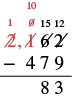 A step-by-step vertical subtraction problem demonstrating the borrowing or regrouping method, with 2062 minus 479 resulting in 1583.