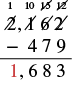 A long subtraction problem showing 2162 minus 479, with borrowing indicated, resulting in 1683. The final answer, 1683, is partially highlighted in red (the '1').