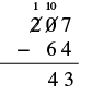 A vertical subtraction problem demonstrating the borrowing method. The calculation shows 107 minus 64, resulting in 43, with regrouping indicated by the crossed-out digits and new values above them.