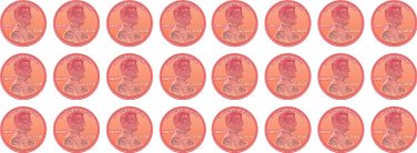 An image of 3 horizontal rows of pennies, each row containing 8 pennies.