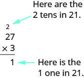 The image shows a vertical multiplication problem of 27 times 3. An arrow indicates the 2 carried from 3 x 7 = 21 is in the tens place. Another arrow indicates the remaining 1 from 3 x 7 = 21 is written in the ones place below.