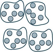 Four irregular shapes, each containing seven gray circles, arranged in a grid pattern.
