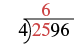 A long division problem showing 2596 being divided by 4. The first digit of the quotient, 6, is shown above the 5, indicating that 25 divided by 4 is 6.