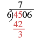 An illustration of long division, specifically the initial step where 45 is divided by 6, yielding 7, and 42 is subtracted to find the remainder of 3.