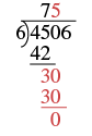 An illustration of long division, specifically the step in which the digit 0 is brought down with the remainder 3 resulting in 30 which can then be further divided by 6. 30 can be fully divided by 6 five times. Thus, the number 5 is written above the division problem, resulting in a remainder of 0.