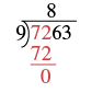 A long division problem showing 7263 divided by 9. The image shows the next step, in which 9 is multiplied by 8, resulting in 72, which is then written below the intitial 72, creating a remainder of 0.