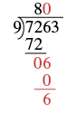 A long division problem showing 7263 divided by 9. The image shows the next step in which the digit 6 is brought down. Six is not divisible by 9, so 0 is written above the division problem. Nine multiplied by 0 equals 0, which is written below, creating a remainder of 6.