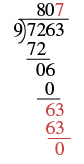 A long division problem showing 7263 divided by 9. The image shows the next step in which the final digit 3 is brought down next to the number 6, resulting in 63. 63 is divisible by 9 7 times. Thus, 7 is written above the division line, leaving zero remainder and a final answer of 807.