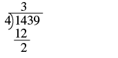 A long division problem is shown where 1439 is divided by 4. In this step, multiplying 4 and 3 equals 12, which is written below the first two digits, 14. 14 minus 12 equals a remainder of 2.