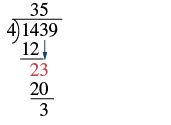 A long division problem is shown where 1439 is divided by 4. In this step, the digit 3 is brought down next to the remainder 2, resulting in the number 23. 23 is divisible by 4 5 times. 5 is written above and the number 20 is written below 23, resulting in a remainder of 3.