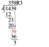 A long division problem is shown where 1439 is divided by 4. In this step, the final digit 9 is brought down next to the previous remainder of 3, creating the number 39. The number 4 can only go into 39 nine times, resulting in the number 36, creating a final remainder of 3. The answer written above is then 359R3.