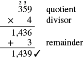A multiplication problem showing 359 times 4, resulting in 1,436. This number is then added to 3, resulting in a final answer of 1,439.