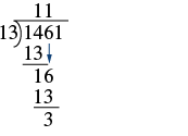 A long division problem in progress, showing 1461 divided by 13. The current steps result in a partial quotient of 11 with a remainder of 3, indicating the full calculation is incomplete.