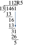 A long division problem in progress, showing 1461 divided by 13. This final step shows the answer is 112 with a remainder of 5.