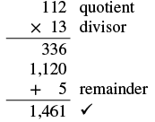 A handwritten arithmetic problem demonstrating the check for a division, where the quotient (112) is multiplied by the divisor (13), and the remainder (5) is added to reach the original number (1461).