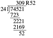 A handwritten long division problem showing 74521 divided by 241, resulting in a quotient of 309 with a remainder of 52.